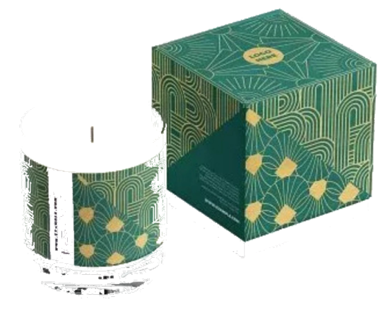 Green rigid candle box with gold pattern beside its candle