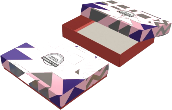 Patterned rigid clothing boxes, one with the lid off