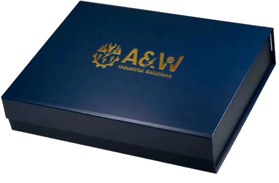 Navy rigid box with a gold foil logo