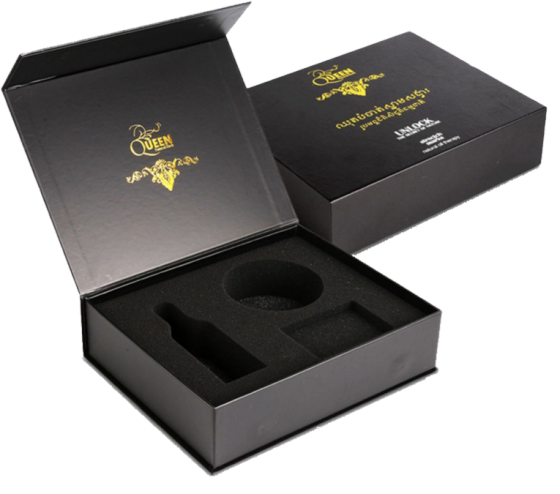 Black magnetic rigid box with a cut foam insert for a bottle